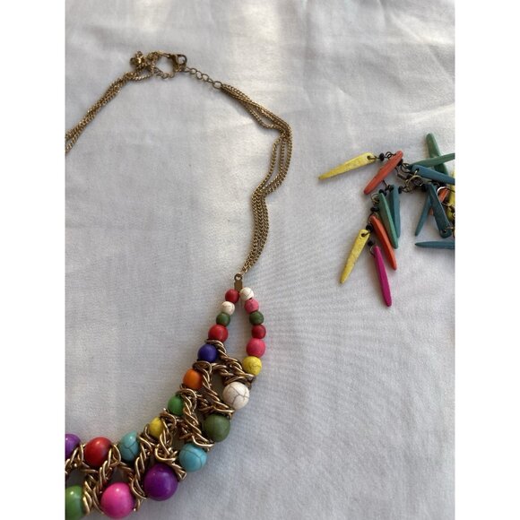 Ethnic Multicolor Boho Cord Necklace Colorful Beads Round Natural Stones 22” - Picture 10 of 16